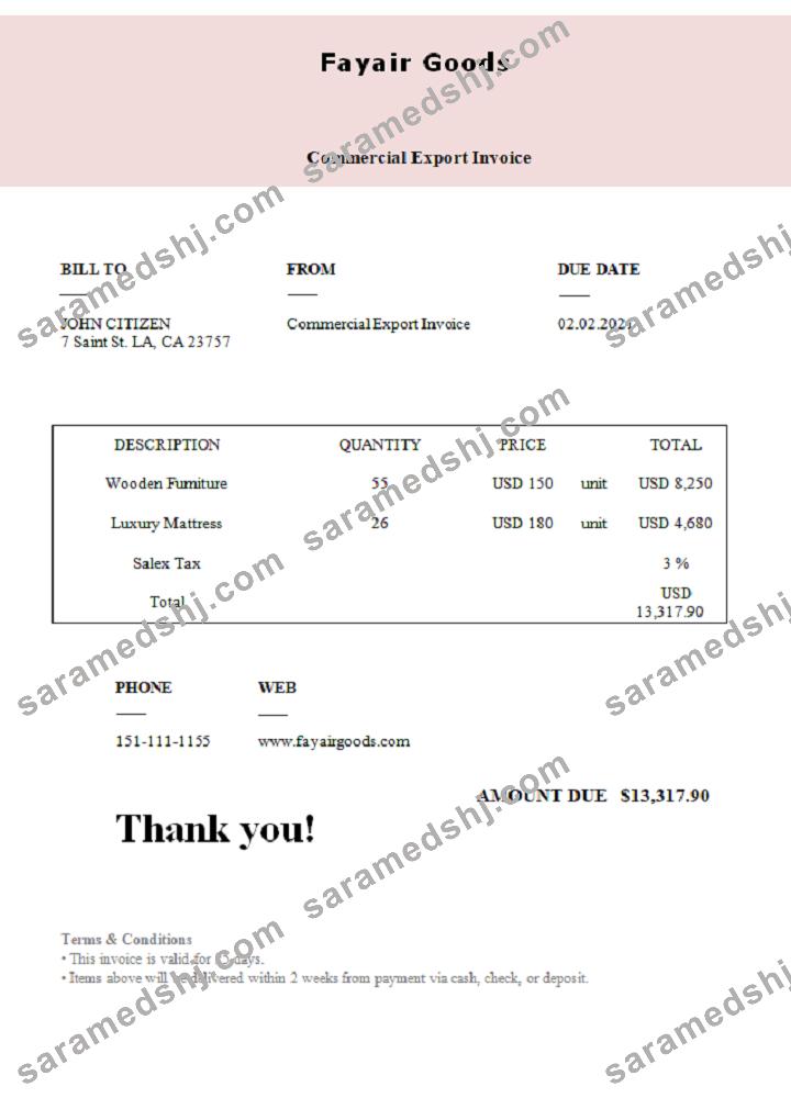 USA Fayair Goods invoice